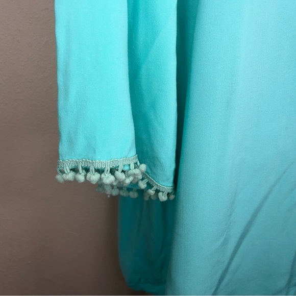 MEDIUM MINT BLUE TUNIC TOP VNECK DANGLE ACCENT BOHO BOHEMIAN ROSE DE PARIS - Picture 8 of 13